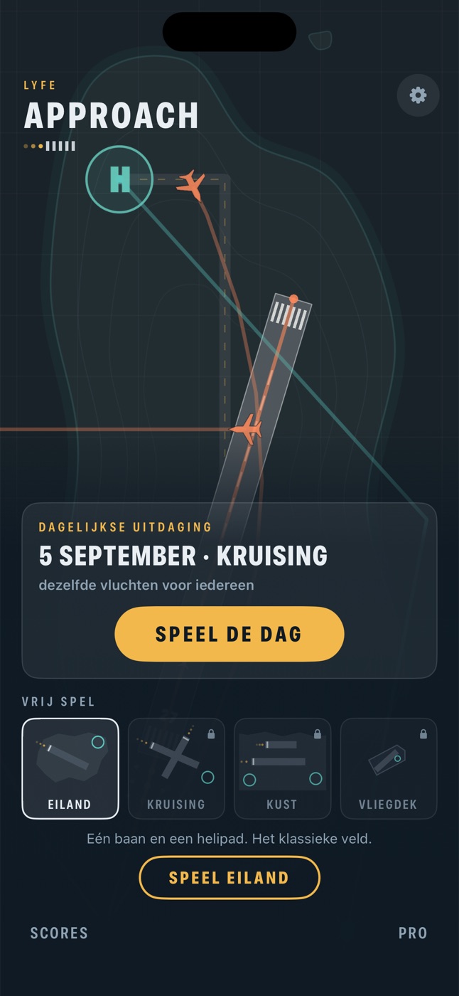 Start screen on iPhone: the island map with aircraft landing themselves, the daily challenge on top