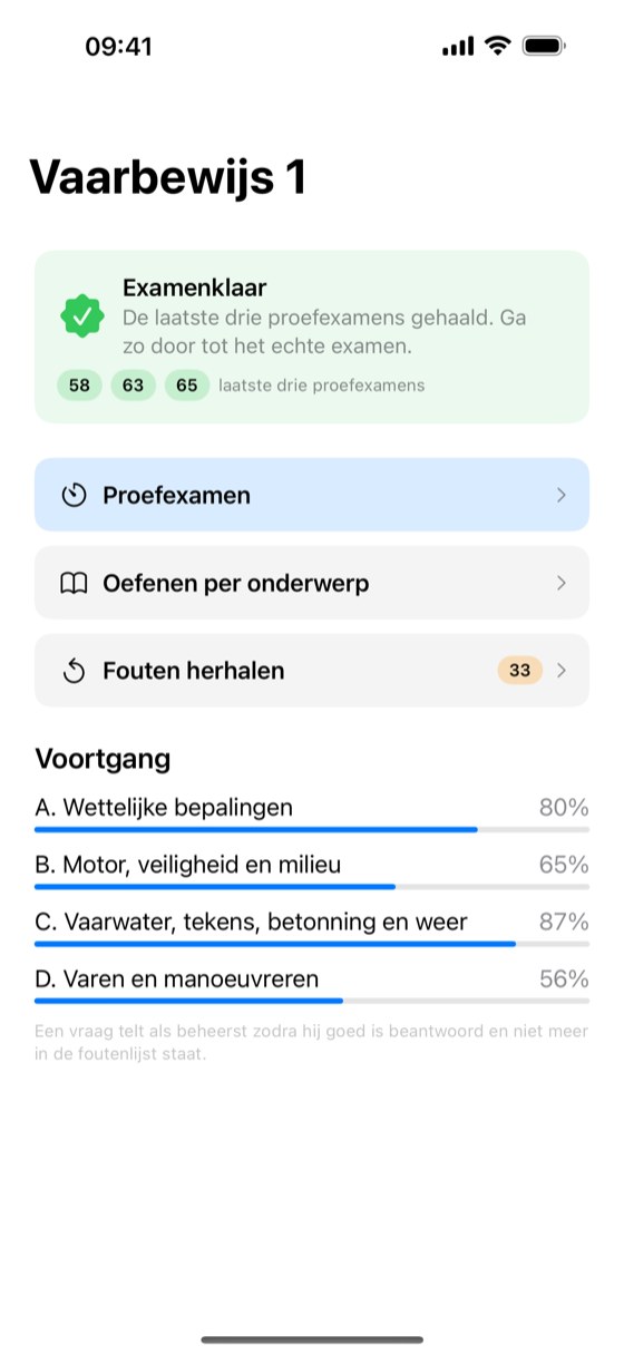 Startscherm met de melding Examenklaar, de drie knoppen en de voortgang per eindterm.