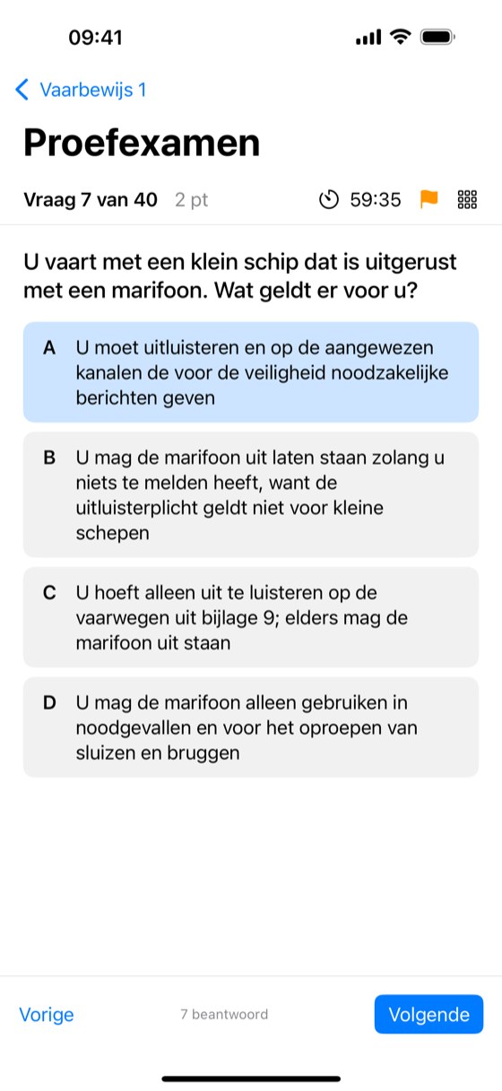 Een proefexamen met de tijd die loopt en het aantal beantwoorde vragen.