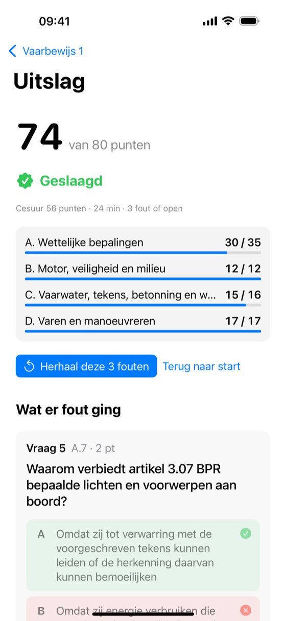 De uitslag van een proefexamen met het aantal punten en of je geslaagd bent.
