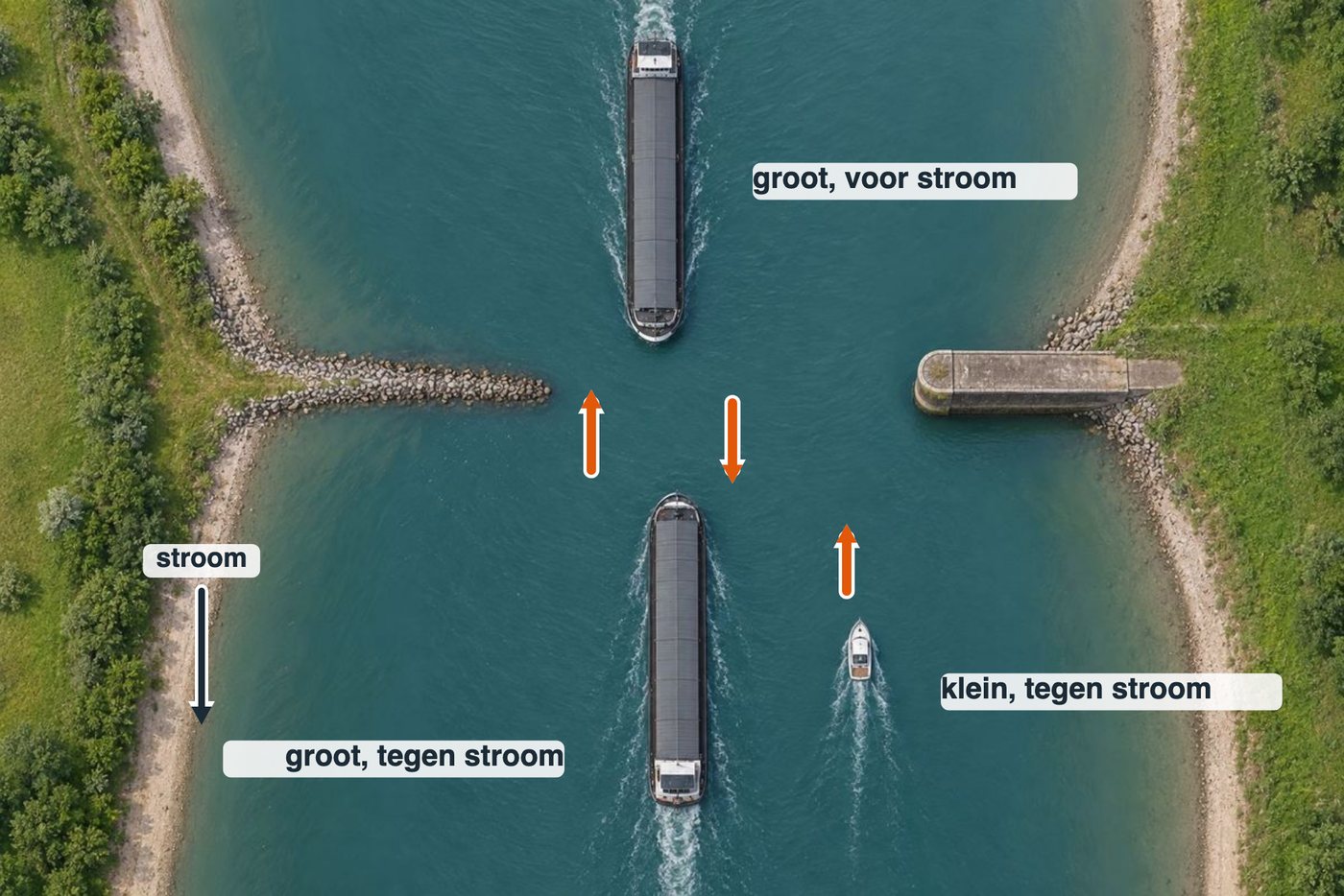 Van boven gezien: twee grote schepen en een klein schip in een vaarwater, met pijlen voor de stroomrichting.