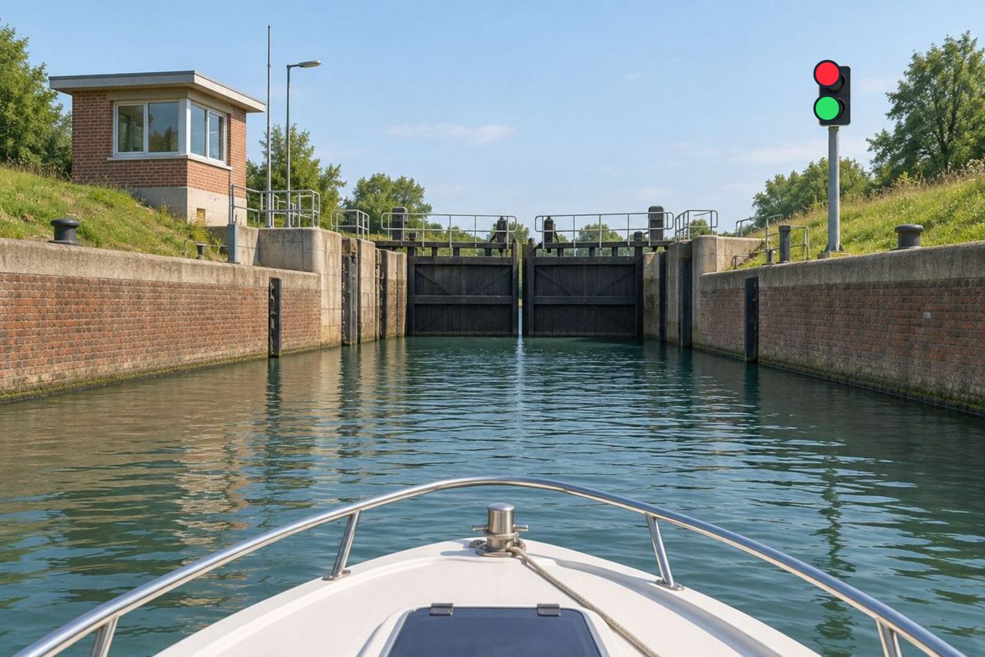 Vanaf de boeg van een boot gezien: een sluis met een rood en een groen sein ernaast.