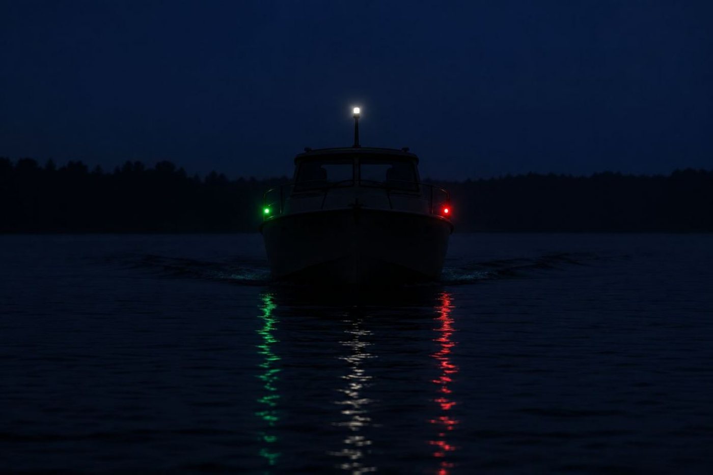 Nachtbeeld: een schip dat recht op u af vaart, met een groen licht aan bakboord en een rood licht aan stuurboord, weerspiegeld in het water.
