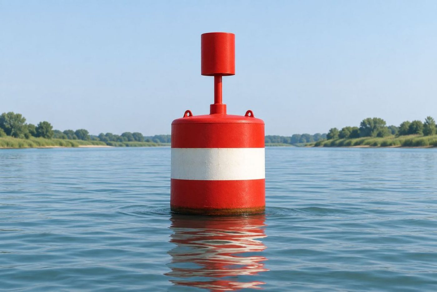 Een rood-wit gestreepte ton in open water.