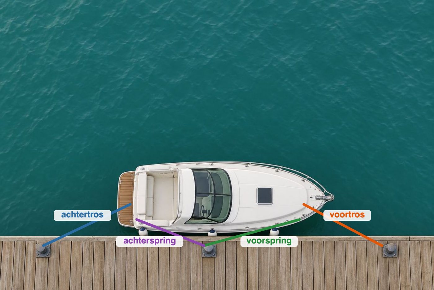 Van boven gezien: een motorjacht aan een steiger met de voortros, achtertros, voorspring en achterspring in verschillende kleuren gemerkt.